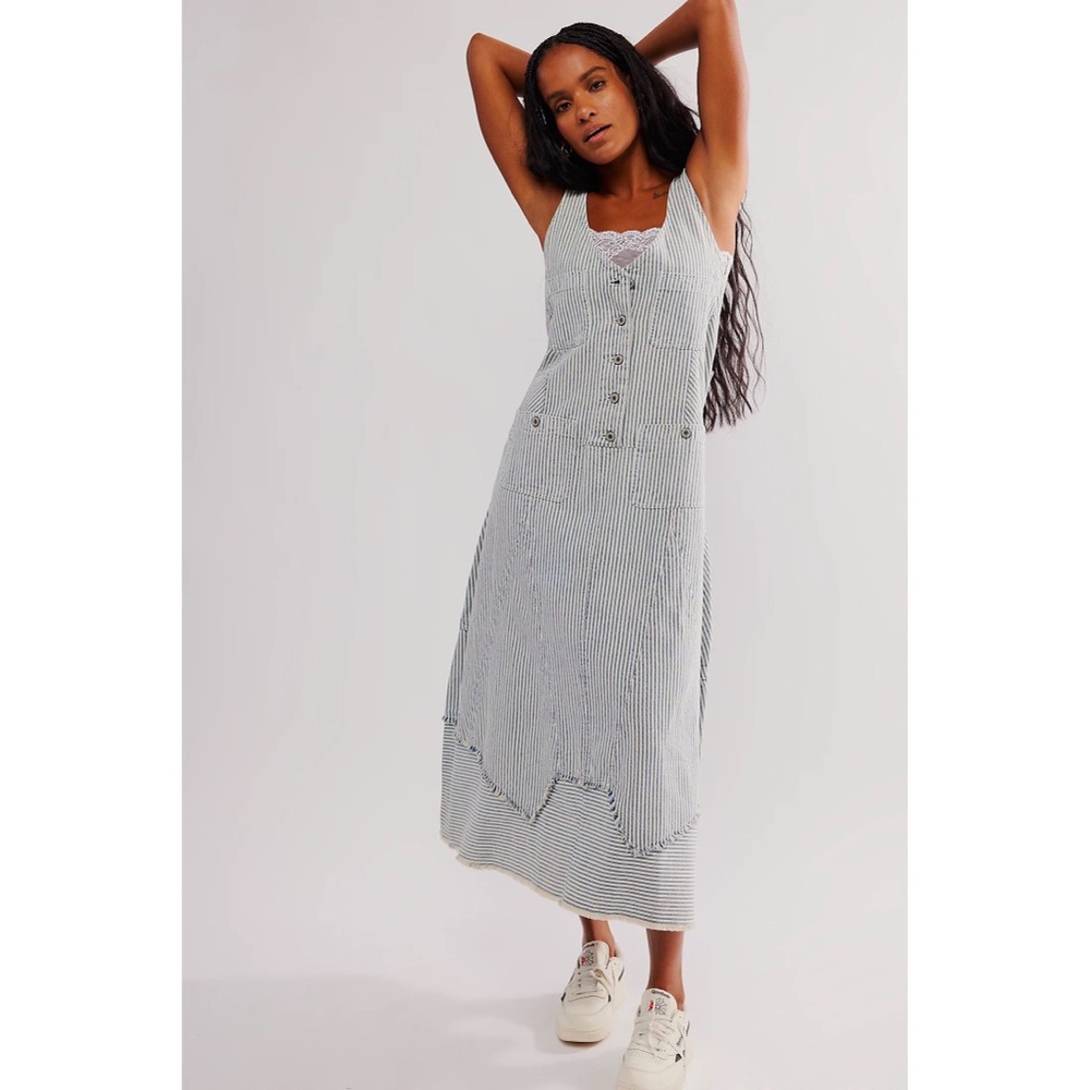 NWT Free People Bendita Midi Dress in Hickory Stripe Combo Ivory Denim Railway